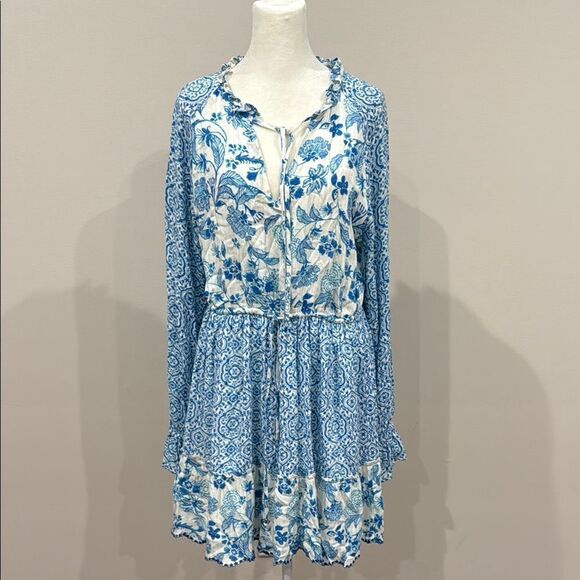 House of Harlow 1960 Boho Mini Short Blue and White Long Sleeve Sundress Size Me - Picture 1 of 5